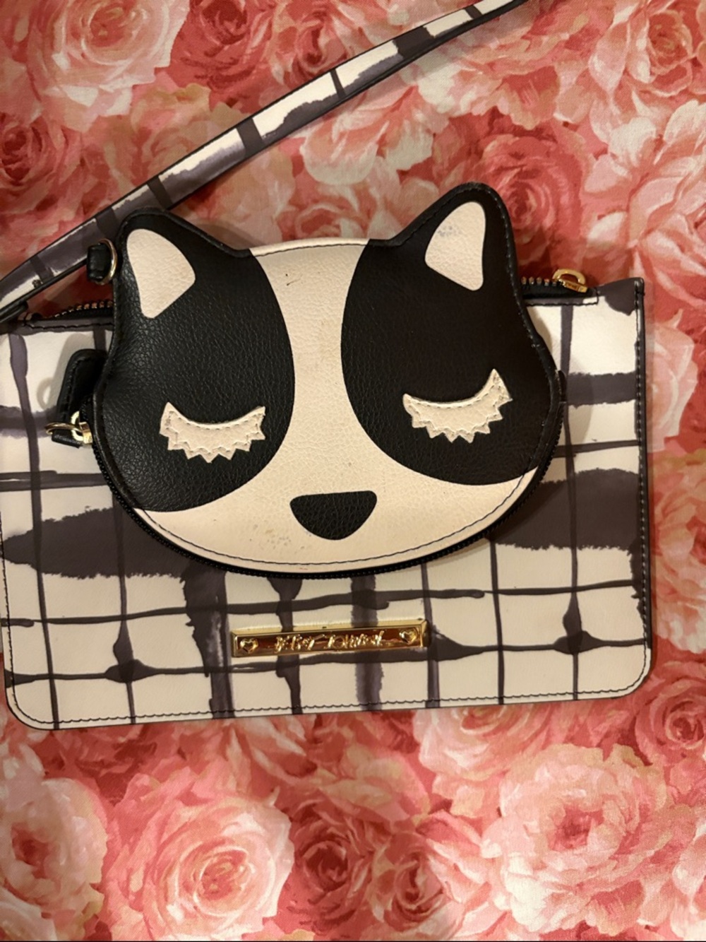 Betsey Johnson Black and Cream Cat Face Crossbody Clutch